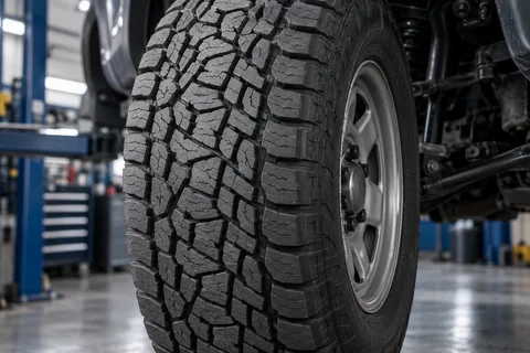 Light-truck tire tread and wheel in a workshop
